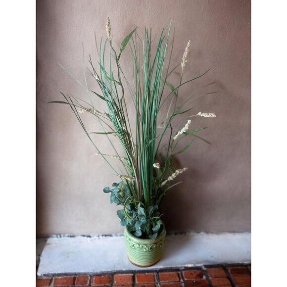 Artificial Grass & Floral Arrangement In Green Ceramic Pot - Picture 1 of 8